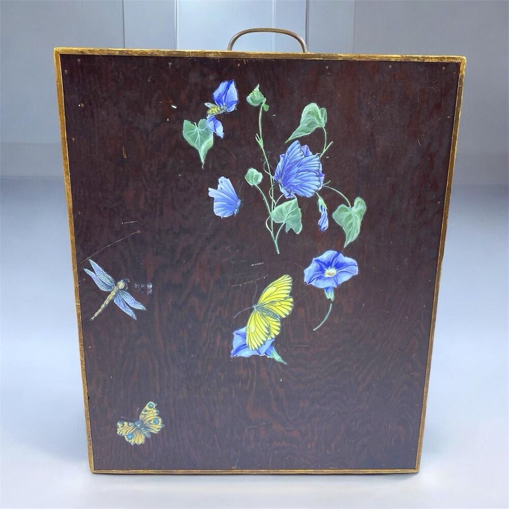 Vintage 1950s Portable Sewing Cabinet Box Folds Wooden‎ + 26 Threads w/Handle
